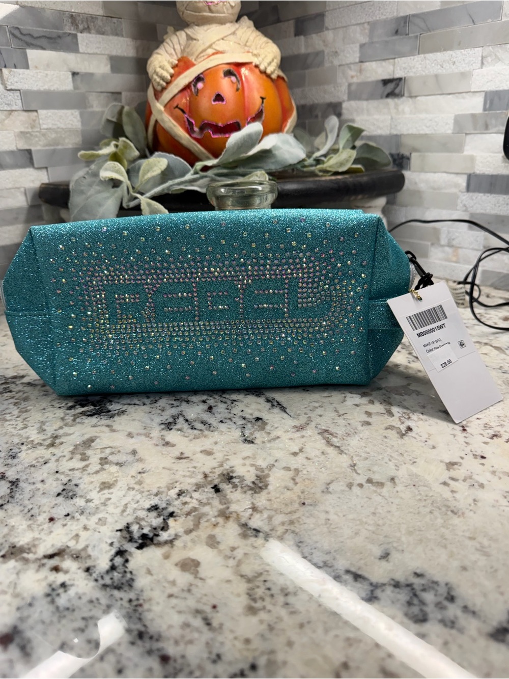 Rebel Cheer Glitter Teal Cosmetic Pouch with Rhinestone Logo
